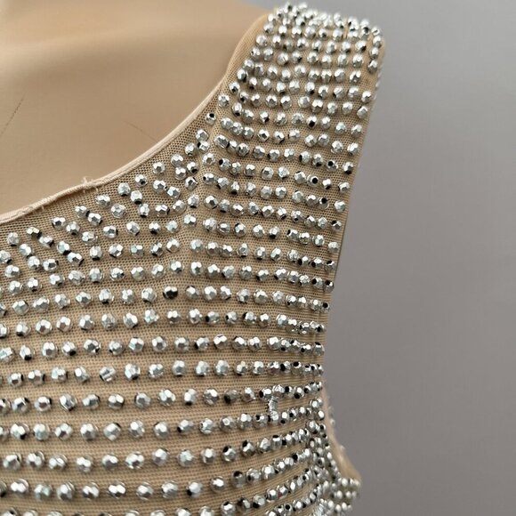Cache Women Dress Y2K Sleeveless Rhinestone Embellished Mesh Beige Silver M - Picture 3 of 14